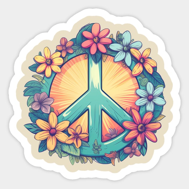 Groovy retro peace sign with pastel flowers Sticker by Unelmoija